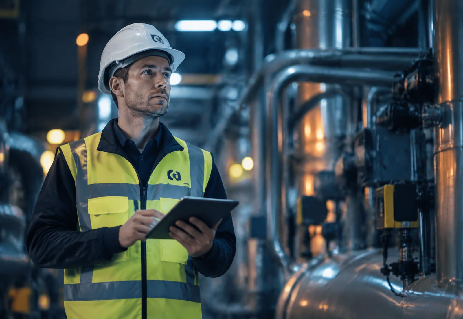 Especialista em segurança do trabalho inspecionando uma operação industrial